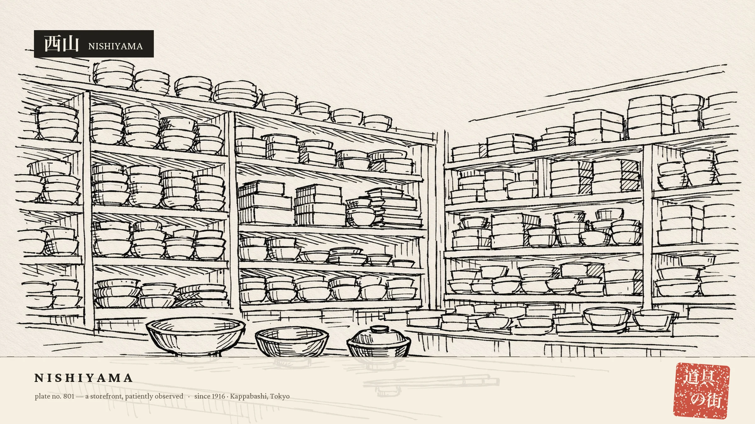 An illustration of the storefront of Nishiyama Shikki